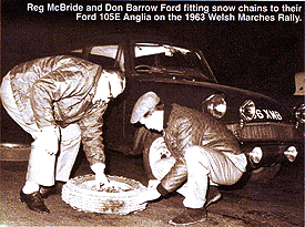 Don Barrow - Reg McBride & Don Barrow - Ford Anglia 105e Fitting chains - Start of the Welsh Marches 1963